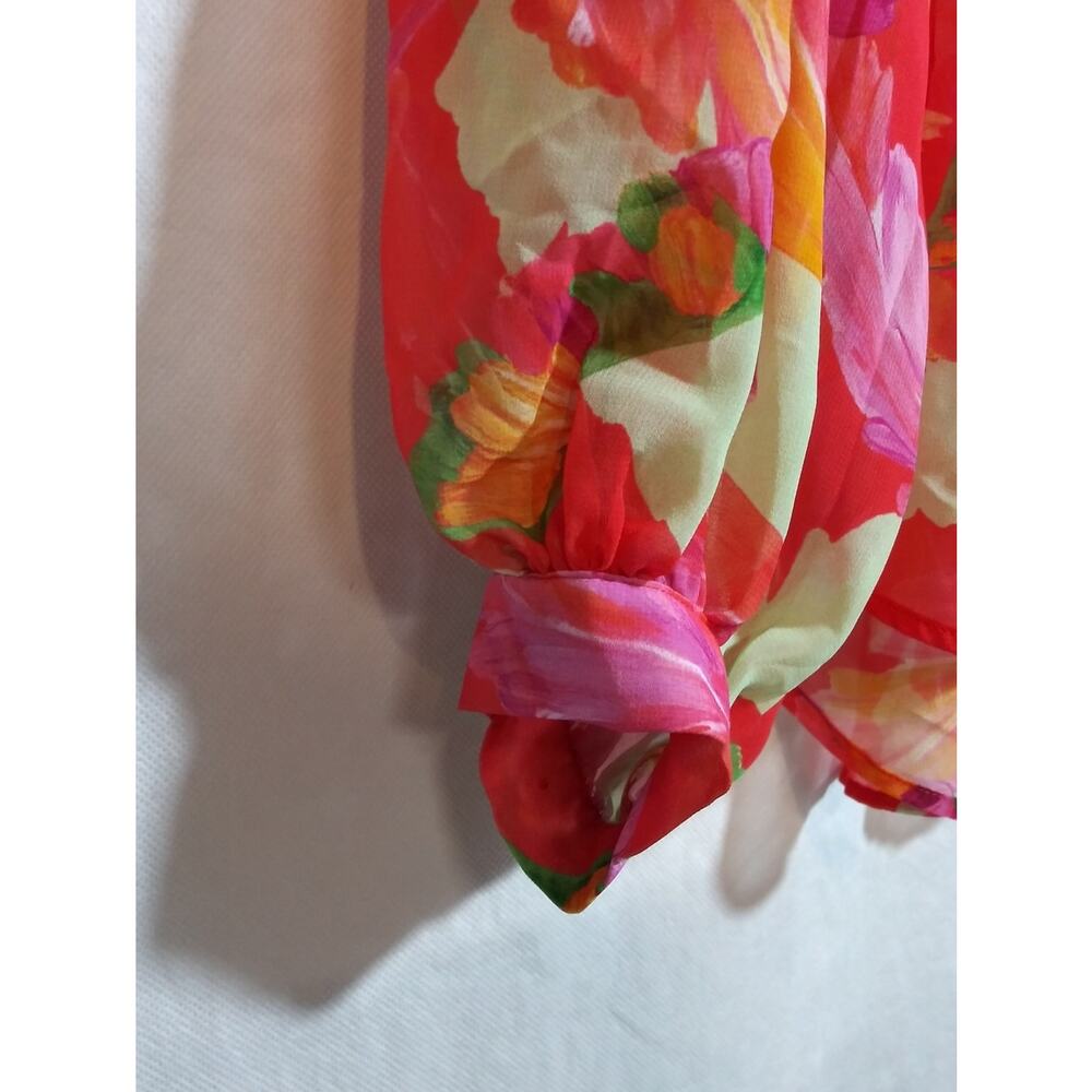 Chico's Vibrant Tropical Pink Floral Long-Sleeve Button Front Sheer Blouse Sz 12 - Picture 4 of 7